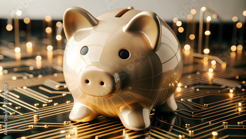 3D AI Powered Piggy Bank with Circuit Lines Concept - Vector Illustration Optimizing Savings and Cost Management