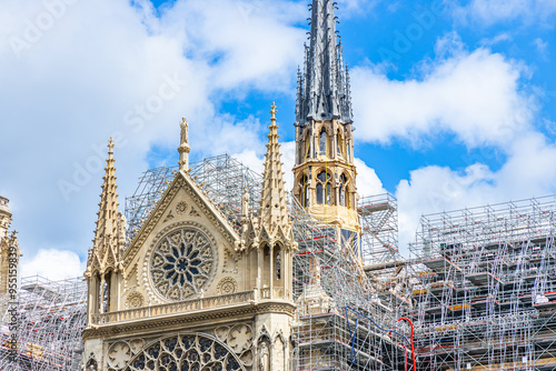 South side and new spire of Notre-Dame cathedral under construction