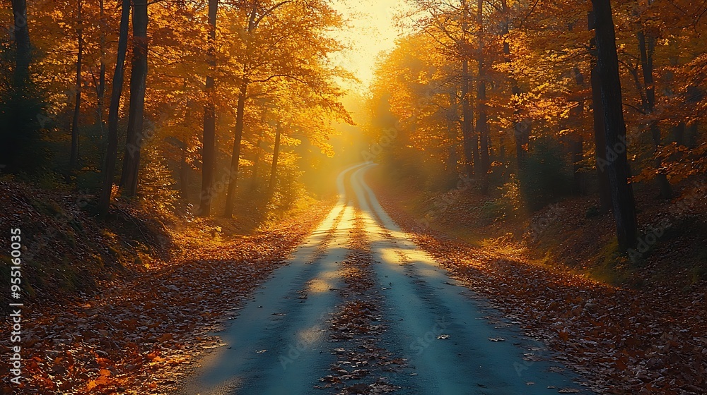 Obraz premium A peaceful autumn drive along a winding road, surrounded by trees ablaze with vibrant fall colors. The ground is covered in scattered leaves, and the sunlight casts long shadows across the road,