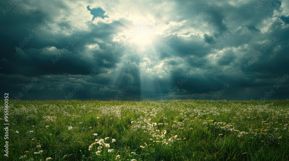 Sunshine breaking through the clouds over a blooming meadow, mixed weather, renewal Sunshine breaking through the clouds over a blooming meadow, mixed weather, renewal