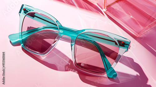 Stylish turquoise cat-eye sunglasses with pink-tinted lenses on a gradient pink background photo