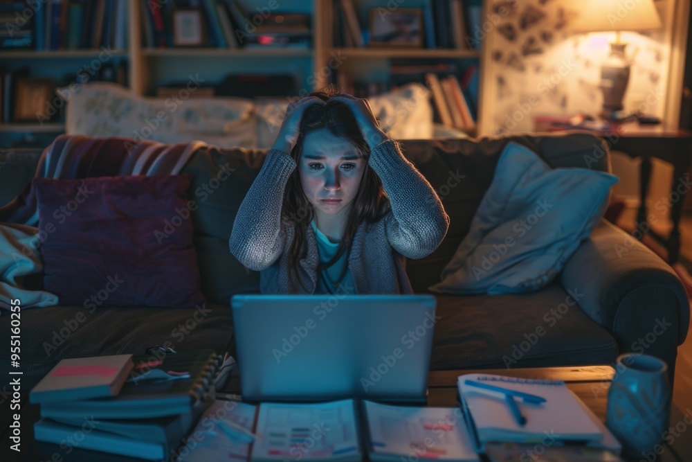 young woman sitting on a couch at home, surrounded by a laptop, notebooks, and documents. she is holding her head young woman sitting on a couch at home, surrounded by a laptop, notebooks, and documents. she is holding her head