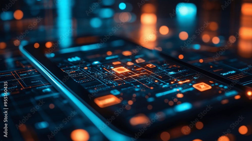 Futuristic Smartphone Interface with Circuitry Design and Neon Lights Futuristic Smartphone Interface with Circuitry Design and Neon Lights