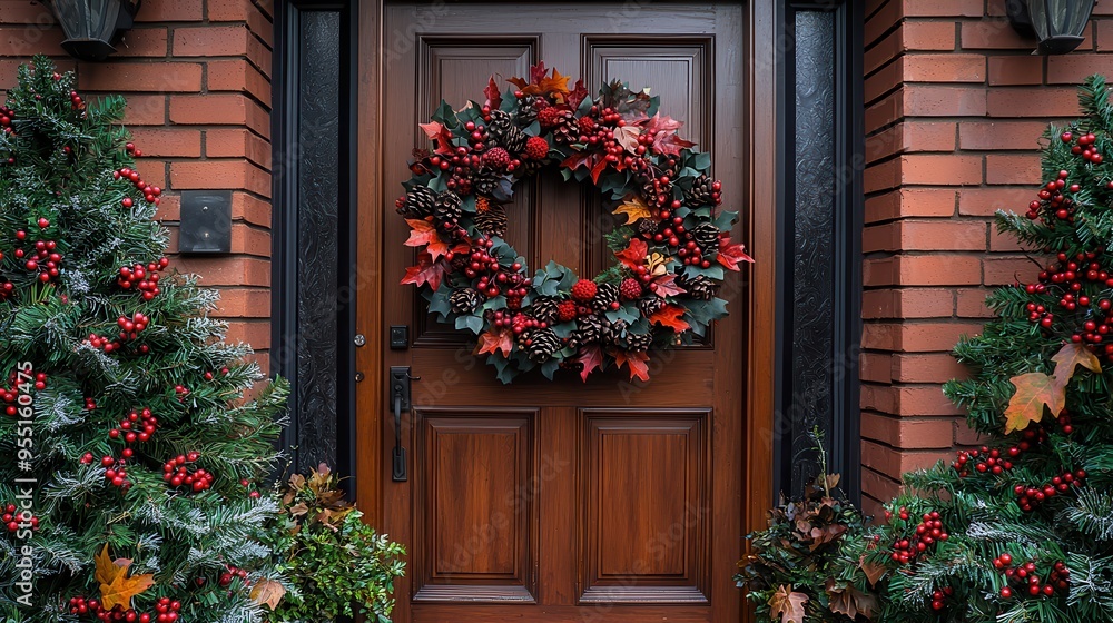 Seasonal Transitions: Front Door Wreath Changing from Autumn Leaves to Winter Berries Seasonal Transitions: Front Door Wreath Changing from Autumn Leaves to Winter Berries