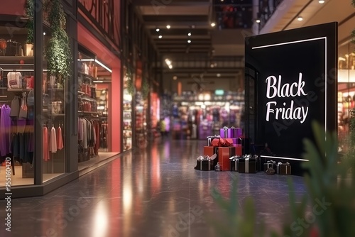 Black neon Black Friday sign with glowing bokeh lights, sale banner concept