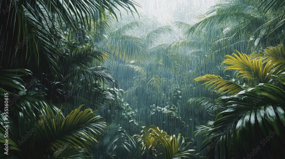 Tropical rain shower over a dense jungle, wet weather, lush and vibrant Tropical rain shower over a dense jungle, wet weather, lush and vibrant