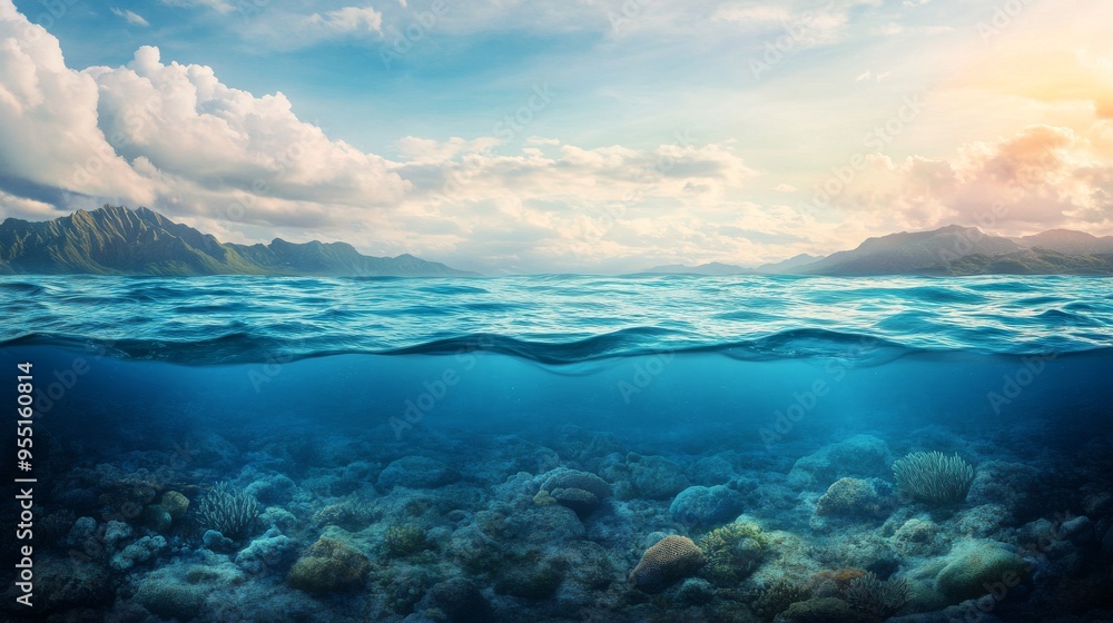 Underwater Sea Landscape with Mountains and Sunlit Clouds Underwater Sea Landscape with Mountains and Sunlit Clouds