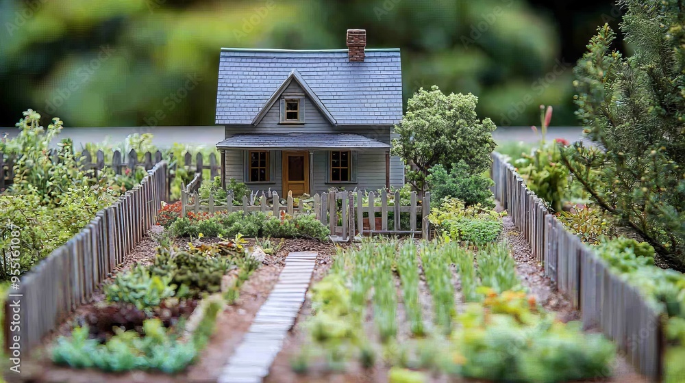 A scale model home with a traditional wooden fence and garden path A scale model home with a traditional wooden fence and garden path