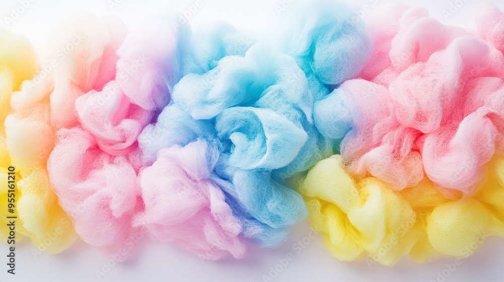 Fototapeta premium A colorful assortment of cotton candy in pastel pink, blue, and yellow, arranged on a white background.