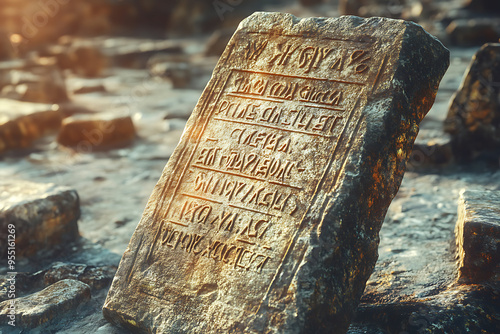 Ancient stone tablets with inscribed commandments, representing a historical and religious symbol of moral and ethical guidelines. photo