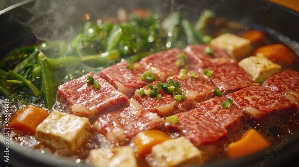 Gourmet Sukiyaki Hot Pot with Wagyu Beef and Fresh Veggies Cooking in Rich Broth Close-Up Gourmet Sukiyaki Hot Pot with Wagyu Beef and Fresh Veggies Cooking in Rich Broth Close-Up