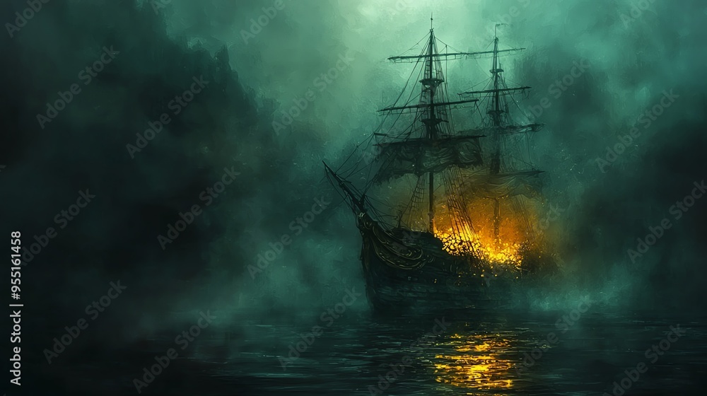 Abandoned pirate ship, glowing with cursed gold, eerie fog, Watercolor style Abandoned pirate ship, glowing with cursed gold, eerie fog, Watercolor style