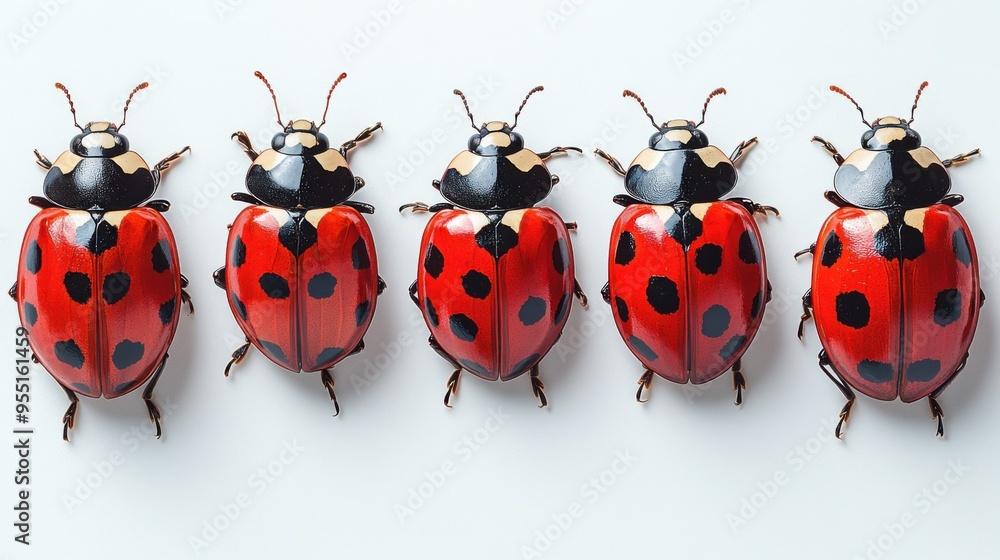 Fototapeta premium A group of ladybugs scattered on a white background
