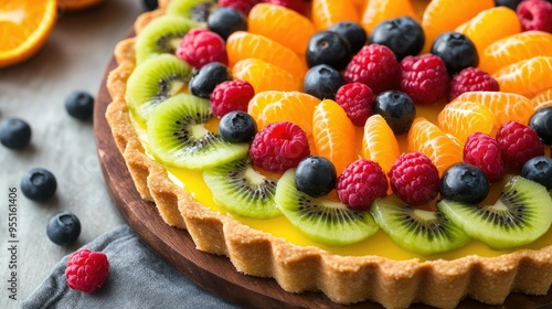 A colorful fruit tart topped with a variety of bright, fresh fruits like kiwi, berries, and mandarin slices.