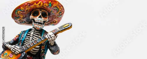 Day of the Dead skeleton in a mariachi suit playing a guitar, isolated on a white background. A banner with a copy space area, featuring Mexican-style decoration, die de los muertos photo