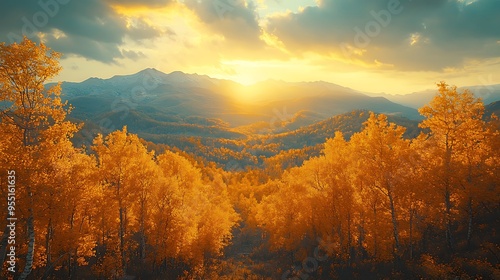 A picturesque autumn view of a mountain range, with trees in full fall colors in the foreground. The warm sunlight filters through the leaves,