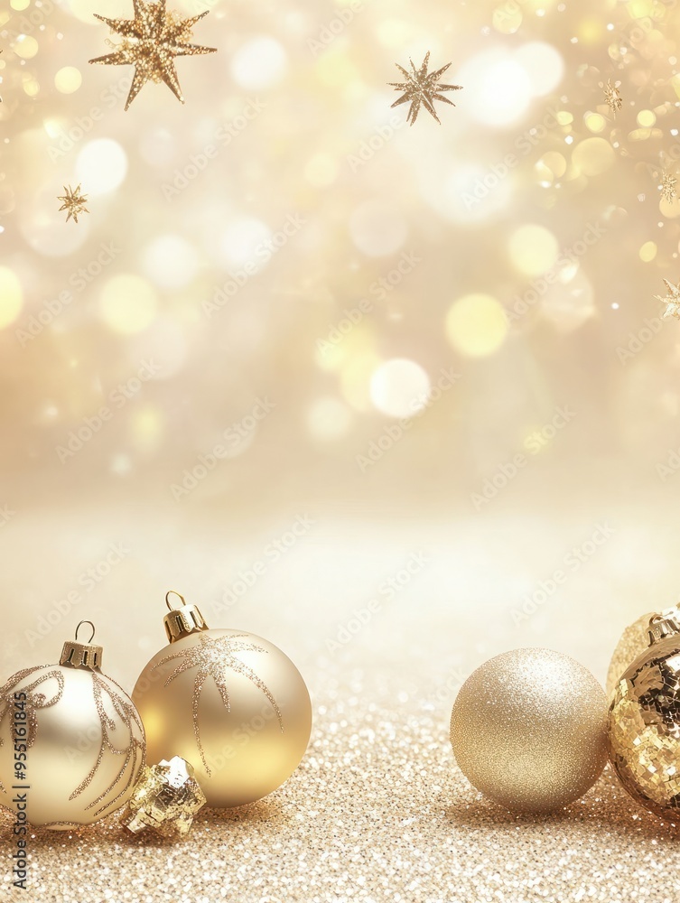 Beautiful beige Christmas background with golden, shining decor and empty space. Glitter, stars, bokeh lights. Copy space for your text. Merry Xmas, Happy New Year. Festive backdrop. Beautiful beige Christmas background with golden, shining decor and empty space. Glitter, stars, bokeh lights. Copy space for your text. Merry Xmas, Happy New Year. Festive backdrop.
