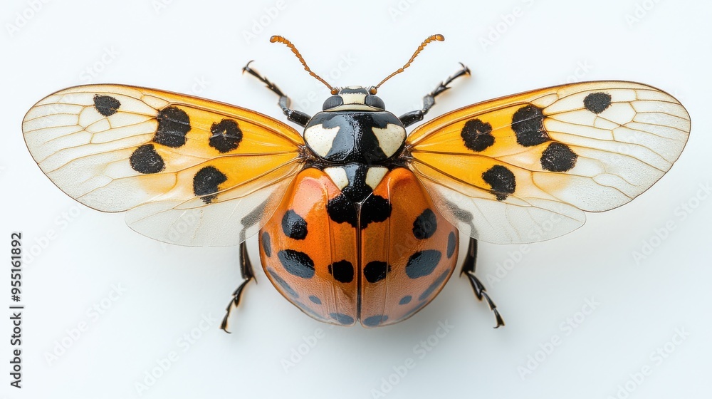 Obraz premium A ladybug in mid-flight with wings fully spread