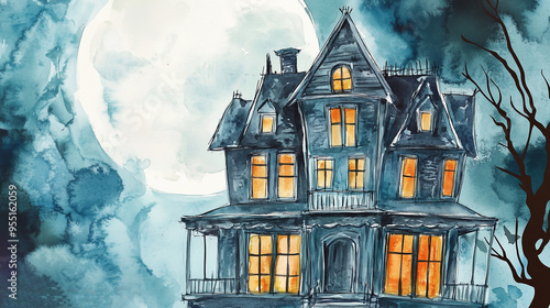 Watercolor illustration of an old, haunted house with glowing windows, set against the backdrop of a full moon, Halloween concept, Generative AI