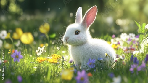 A fluffy white bunny with pink ears hopping around a green meadow, surrounded by colorful wildflowers.