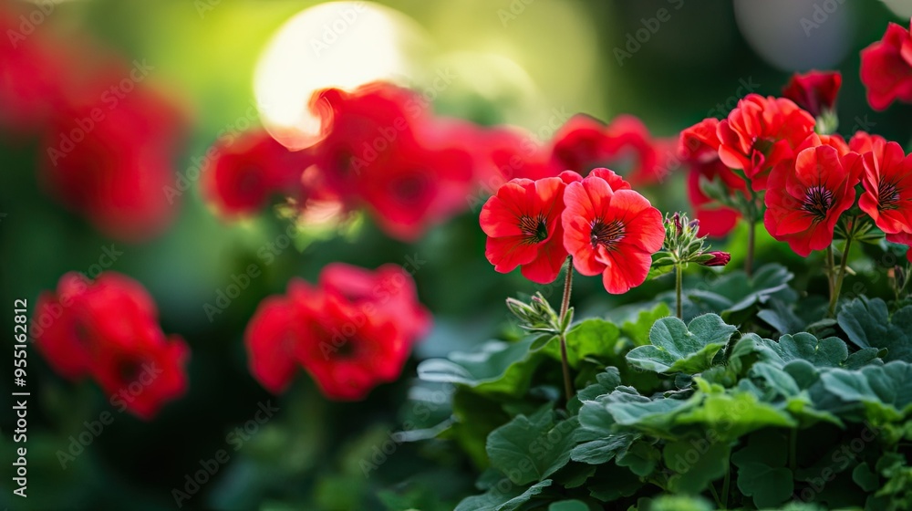 A garden bed filled with bright red geraniums, their blooms standing out vividly against dark green leaves. A garden bed filled with bright red geraniums, their blooms standing out vividly against dark green leaves.