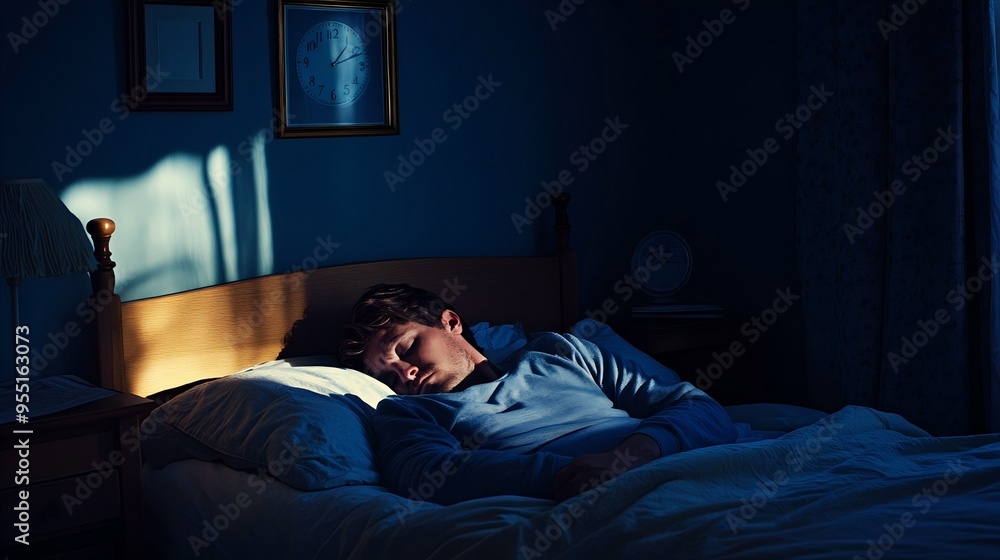 Fototapeta premium Man Battle Stress-Induced Insomnia, Lying Awake in Bed, Staring at Ceiling with Clock Reflecting Quiet Night, Soft Lighting Casting Shadows. 