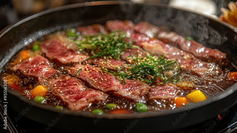 Succulent Wagyu Beef Slices Sizzling in Sukiyaki Pot with Fresh Vegetables, Bubbling Broth - Japanese Cuisine Cooking Scene Succulent Wagyu Beef Slices Sizzling in Sukiyaki Pot with Fresh Vegetables, Bubbling Broth - Japanese Cuisine Cooking Scene