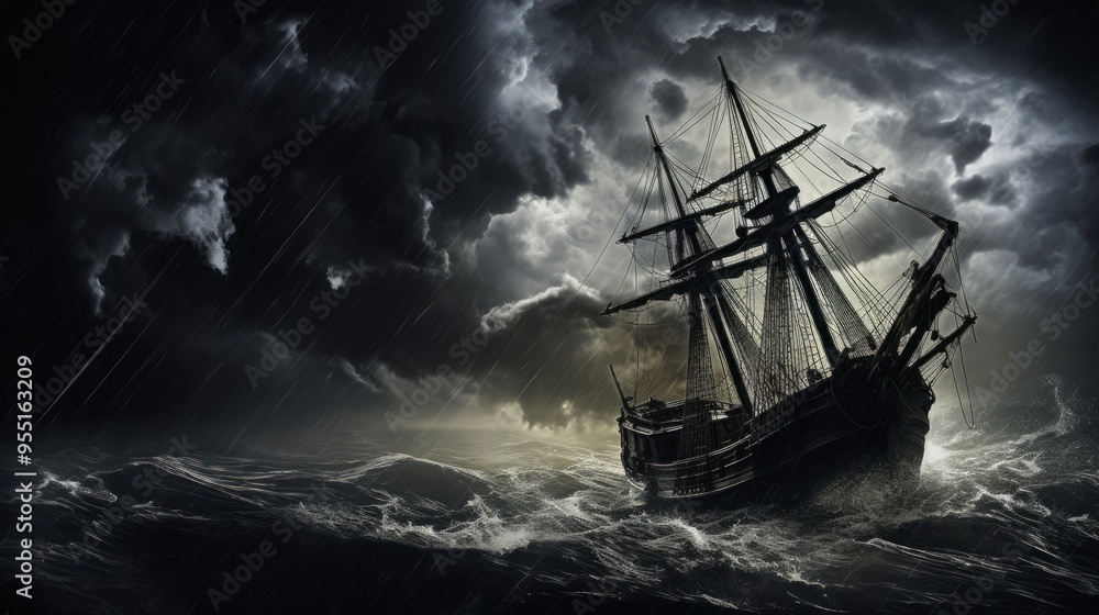Dark sailing ship in storm weather at night. Neural network ai generated art Dark sailing ship in storm weather at night. Neural network ai generated art