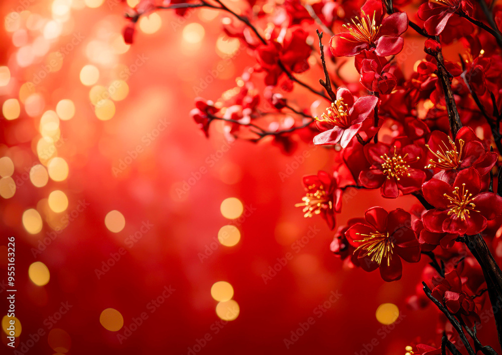 A branch of vibrant red cherry blossoms with a bokeh background, ideal for festive, seasonal, or romantic designs suitable for invitations, posters, and greeting cards, A branch of vibrant red cherry blossoms with a bokeh background, ideal for festive, seasonal, or romantic designs suitable for invitations, posters, and greeting cards,
