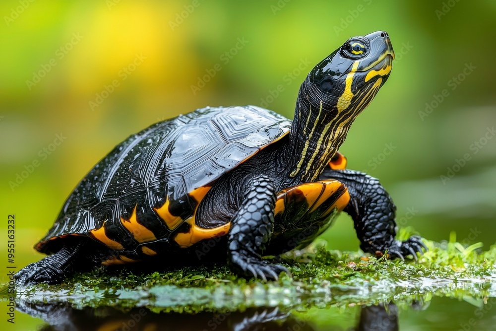 Black-and-Yellow Turtle on Green Mossy Rock Near Water Black-and-Yellow Turtle on Green Mossy Rock Near Water