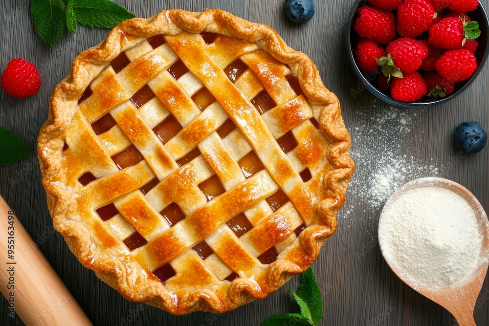 A perfectly baked lattice-crust pie sits on a wooden table surrounded by a bowl of fresh raspberries, blueberries, a rolling pin, and a spoonful of flour, ideal for baking, home cooking A perfectly baked lattice-crust pie sits on a wooden table surrounded by a bowl of fresh raspberries, blueberries, a rolling pin, and a spoonful of flour, ideal for baking, home cooking