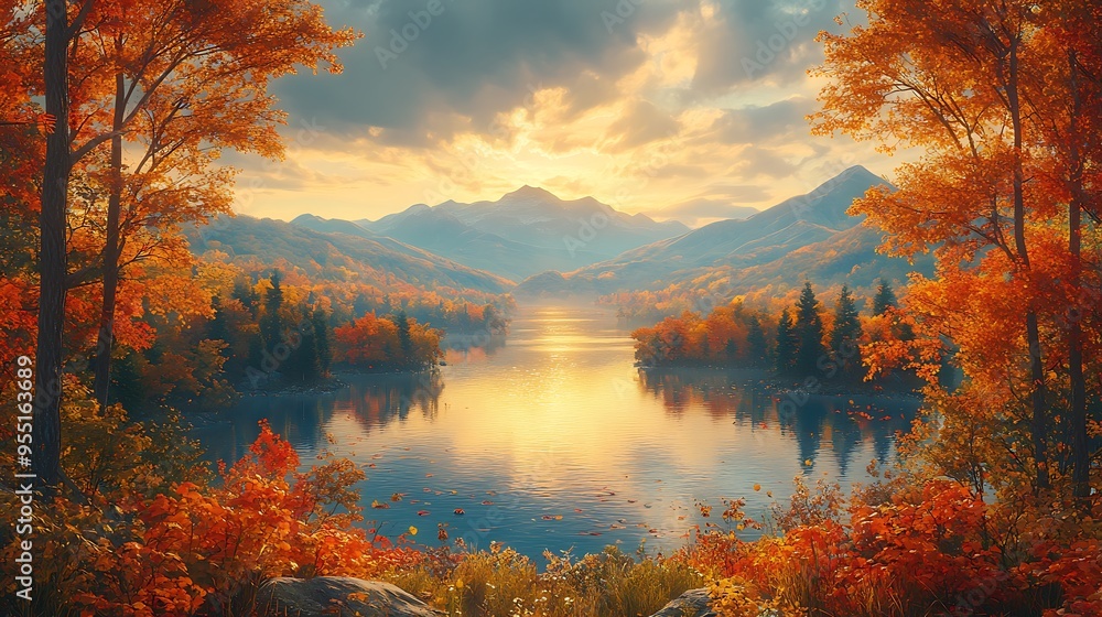 A serene autumn landscape with a mountain range in the background, framed by trees in full fall colors. The soft, golden light enhances the rich hues of the leaves and the grandeur of the mountains, A serene autumn landscape with a mountain range in the background, framed by trees in full fall colors. The soft, golden light enhances the rich hues of the leaves and the grandeur of the mountains,