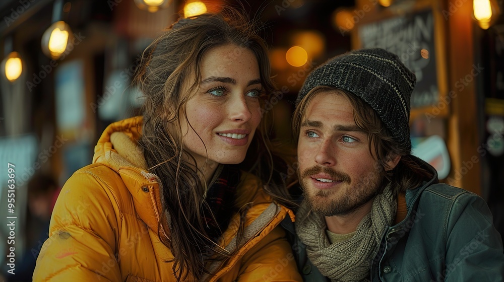 A young couple, a man with a beard and a woman with long brown hair, are smiling and looking to the side, sitting in a cafe on a cold day. They are both wearing winter clothes and beanies. A young couple, a man with a beard and a woman with long brown hair, are smiling and looking to the side, sitting in a cafe on a cold day. They are both wearing winter clothes and beanies.