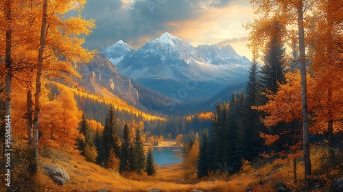 A serene autumn landscape with a mountain range in the background, framed by trees in full fall colors. The soft, golden light enhances the rich hues of the leaves and the grandeur of the mountains,