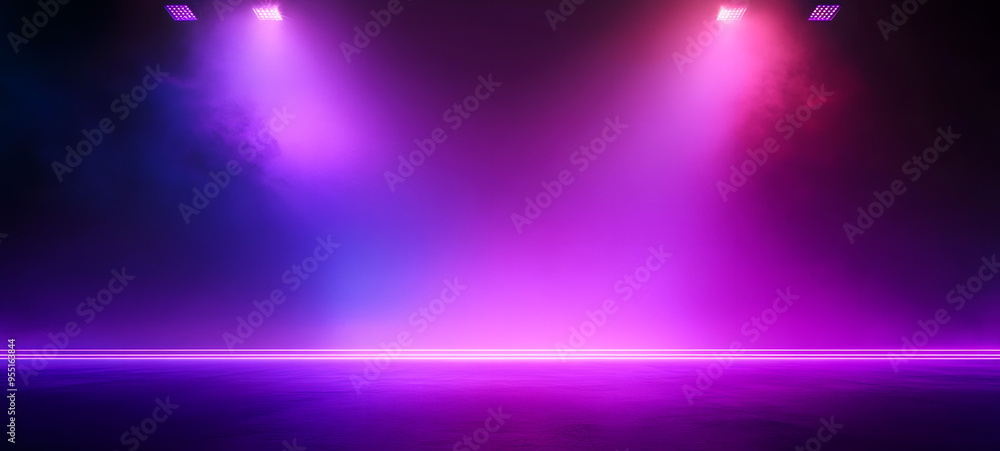Obraz premium Background of empty room with spotlights and lights, abstract purple background with neon glow