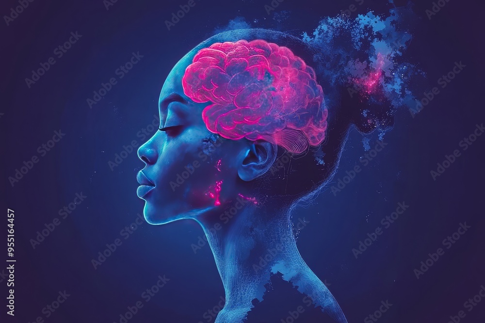 Abstract thinking Gray matter A woman’s head dissolving into digital particles with a glowing brain symbolizing the integration of human intelligence and technology in a futuristic world Abstract thinking Gray matter A woman’s head dissolving into digital particles with a glowing brain symbolizing the integration of human intelligence and technology in a futuristic world
