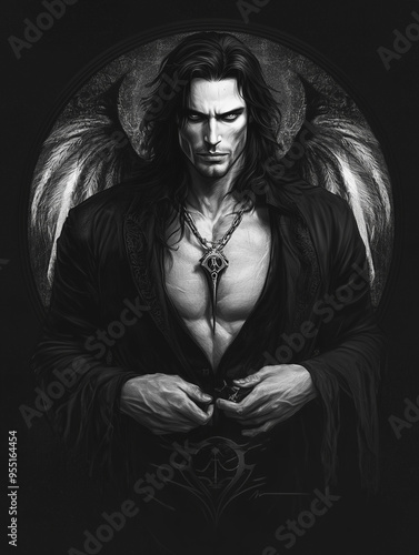 black and white illustration of a handsome winged man - fantasy generative ai