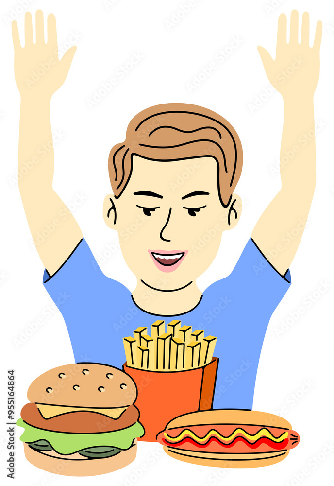 Boy rejoices fast food, human emotions. Child, emotional reaction, food and meal, illustration Boy rejoices fast food, human emotions. Child, emotional reaction, food and meal, illustration