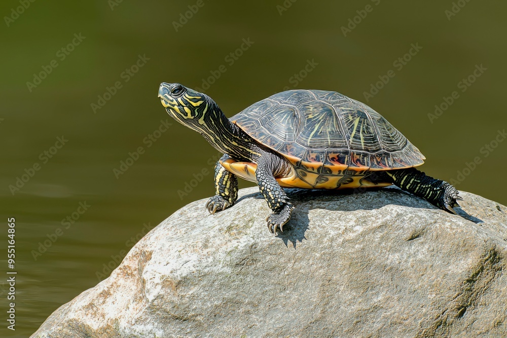A turtle with a black and yellow shell perched on a rock A turtle with a black and yellow shell perched on a rock
