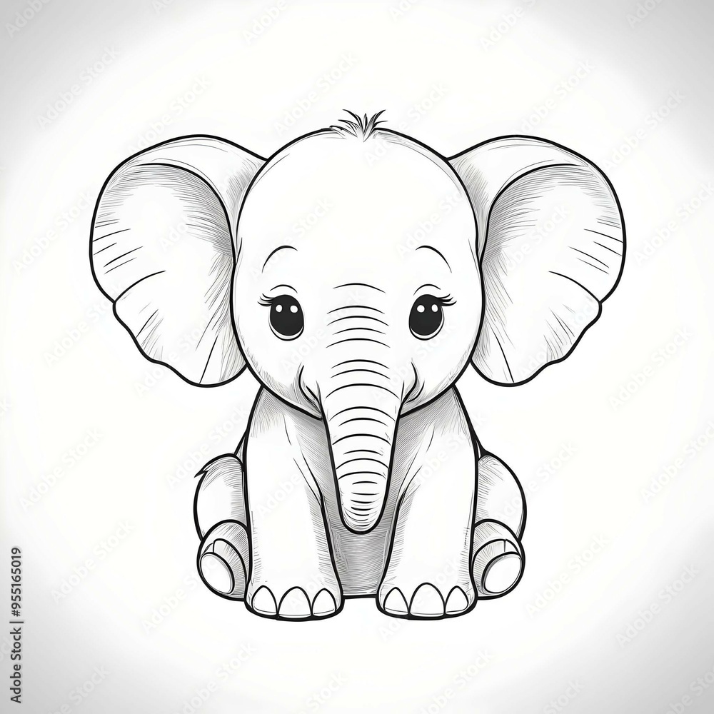 Fototapeta premium Cute baby elephant coloring page for kids with white background