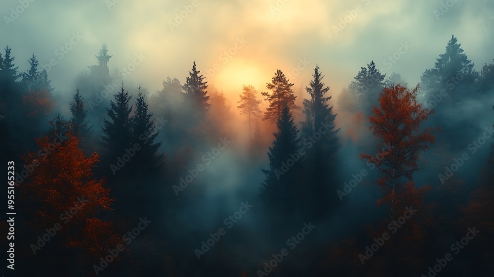 A serene foggy morning in the woods, with mist enveloping the tall trees and their leaves transitioning from green to deep reds and oranges. The soft light filters through the fog, A serene foggy morning in the woods, with mist enveloping the tall trees and their leaves transitioning from green to deep reds and oranges. The soft light filters through the fog,