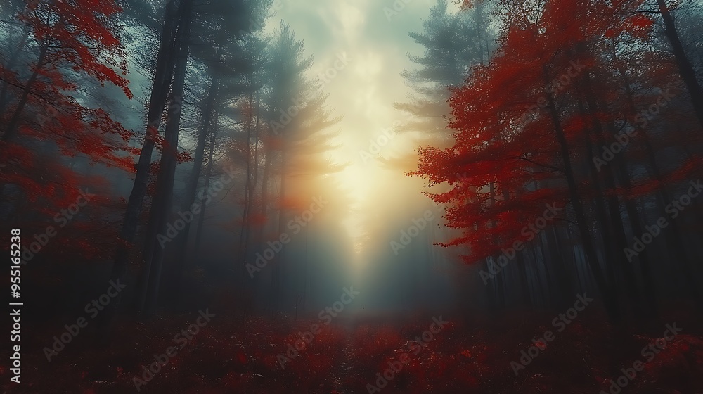 Fototapeta premium A serene foggy morning in the woods, with mist enveloping the tall trees and their leaves transitioning from green to deep reds and oranges. The soft light filters through the fog,