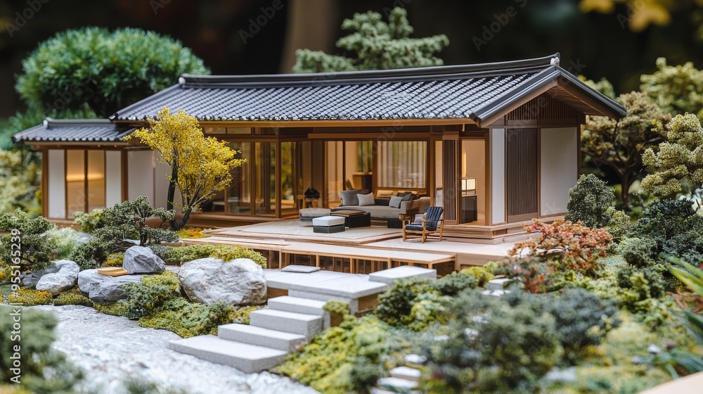 A scale model home with a Korean-style pavilion and outdoor seating A scale model home with a Korean-style pavilion and outdoor seating
