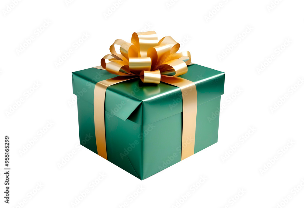 Green gift box with a gold ribbon and bow Green gift box with a gold ribbon and bow