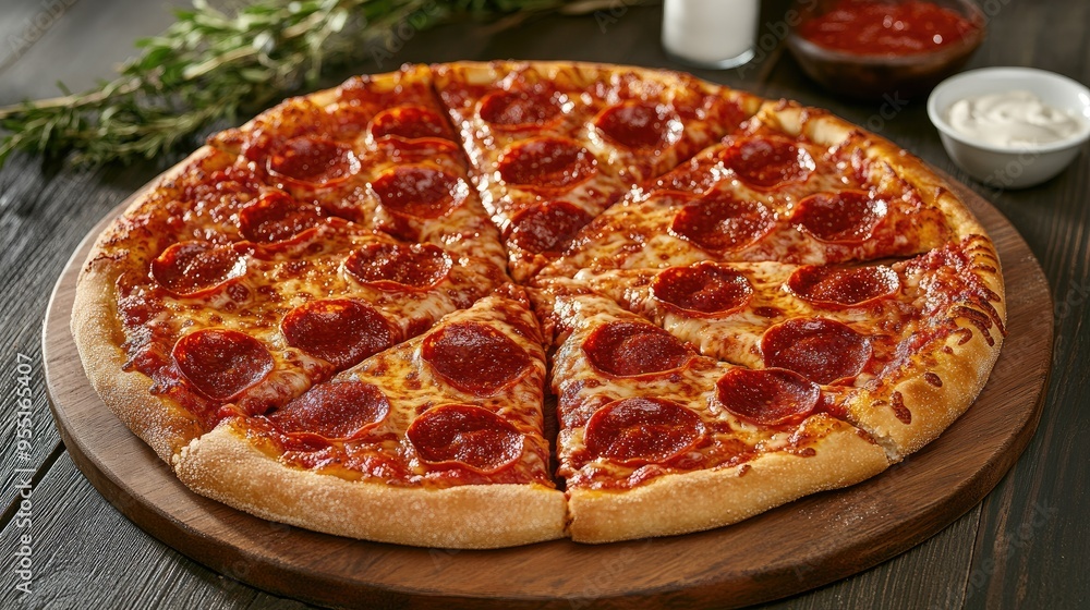 A large, cheesy pepperoni pizza with a golden, crispy crust, sliced into eight pieces. A large, cheesy pepperoni pizza with a golden, crispy crust, sliced into eight pieces.