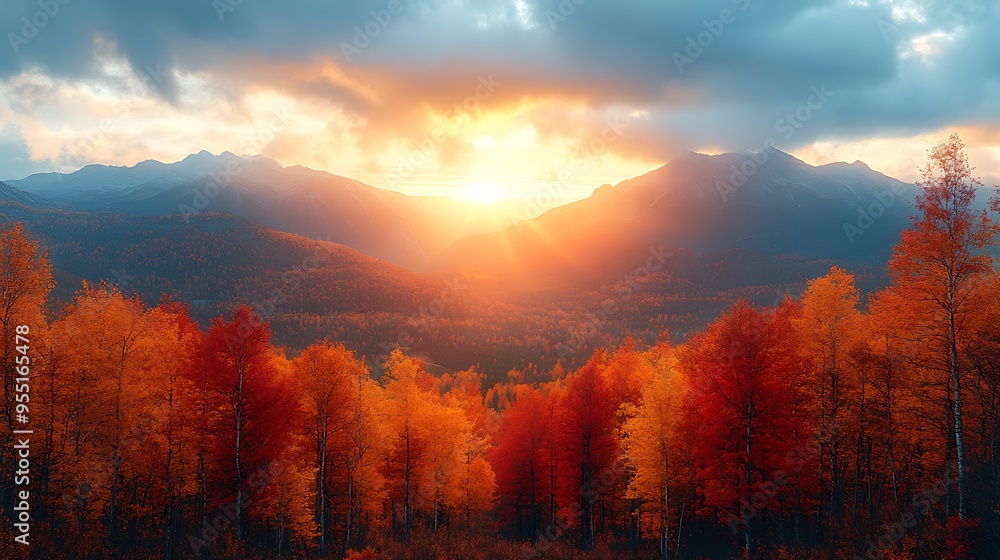 Naklejka premium A serene mountain landscape during autumn, with trees in vibrant shades of red, orange, and yellow in the foreground. The mountains rise majestically in the distance, bathed in the soft,