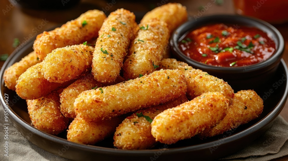 A large plate of crispy, golden mozzarella sticks with marinara sauce for dipping. A large plate of crispy, golden mozzarella sticks with marinara sauce for dipping.