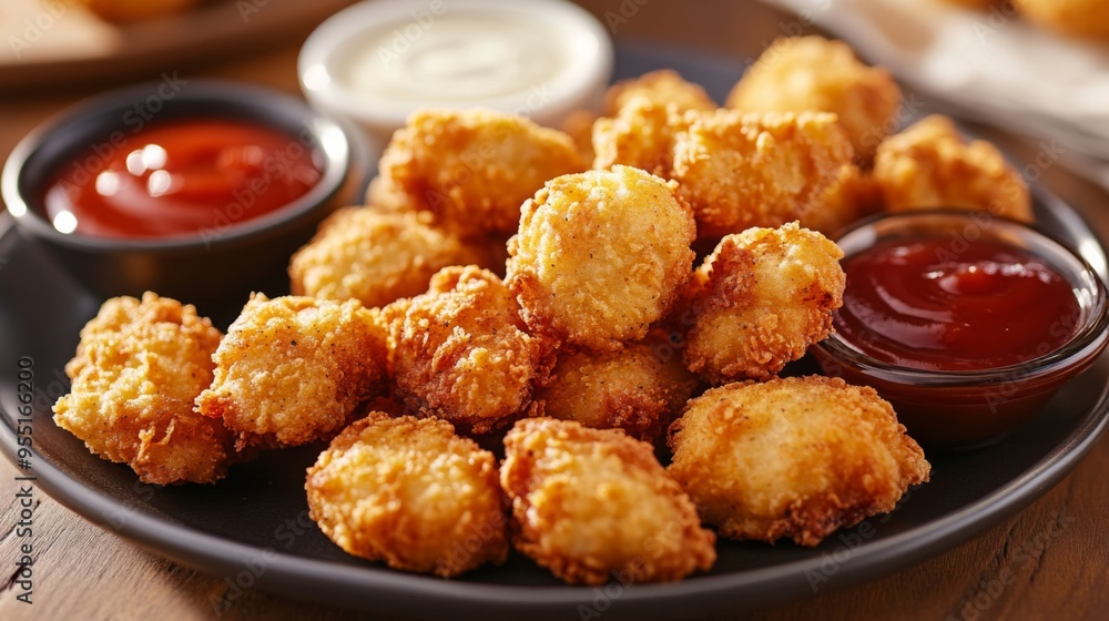 A plate of crispy chicken nuggets served with a variety of dipping sauces, including ketchup, barbecue, and ranch, a favorite snack for kids and adults alike. A plate of crispy chicken nuggets served with a variety of dipping sauces, including ketchup, barbecue, and ranch, a favorite snack for kids and adults alike.