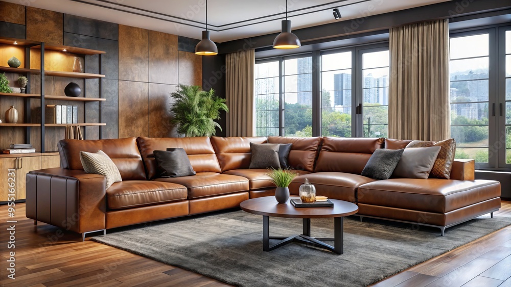 A chic leather sectional sofa with plush cushions and generous seating provides a stylish spot to relax in A chic leather sectional sofa with plush cushions and generous seating provides a stylish spot to relax in