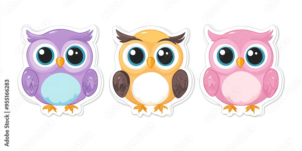 Fototapeta premium baby owls big eyes sticker white background cartoon woodland adorable small tiny playful fun child-friendly joyful pastel colors brown blue pink animated 